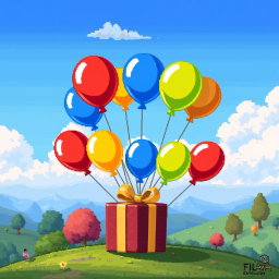 A whimsical pixel art scene of colorful balloons holding a beautifully wrapped gift