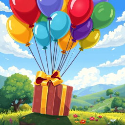 A whimsical pixel art scene of colorful balloons holding a beautifully wrapped gift
