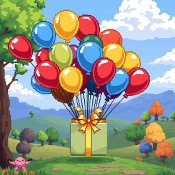 A whimsical pixel art scene of colorful balloons holding a beautifully wrapped gift