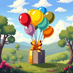 A whimsical pixel art scene of colorful balloons holding a beautifully wrapped gift