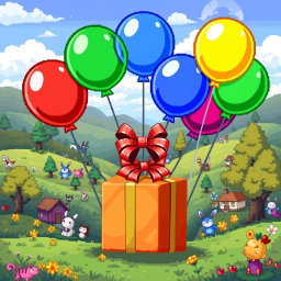 Pixel art scene featuring colorful balloons holding a beautifully wrapped gift