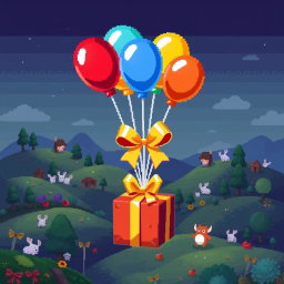Pixel art scene featuring colorful balloons holding a beautifully wrapped gift