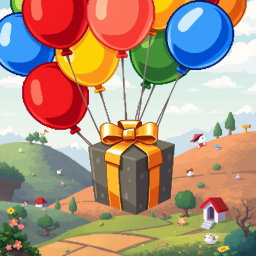 Pixel art scene featuring colorful balloons holding a beautifully wrapped gift