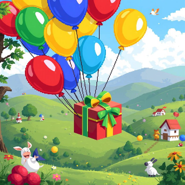 Pixel art scene featuring colorful balloons holding a beautifully wrapped gift