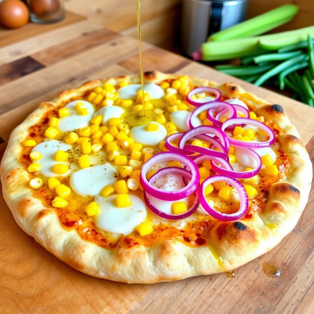 A delicious corn and onion pizza, beautifully presented on a rustic wooden table