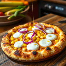 A delicious corn and onion pizza, beautifully presented on a rustic wooden table