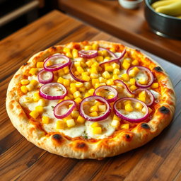 A delicious corn and onion pizza, beautifully presented on a rustic wooden table
