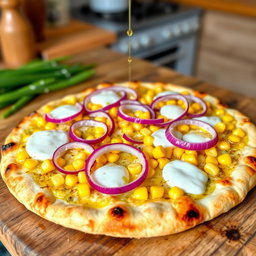 A delicious corn and onion pizza, beautifully presented on a rustic wooden table