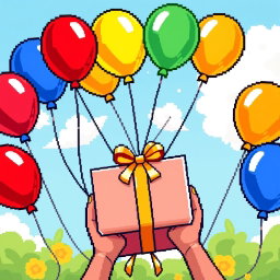 A delightful pixel art scene depicting colorful balloons holding a beautifully wrapped gift from a top-down view
