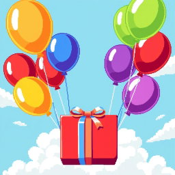 A delightful pixel art scene depicting colorful balloons holding a beautifully wrapped gift from a top-down view