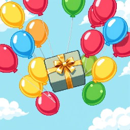 A delightful pixel art scene depicting colorful balloons holding a beautifully wrapped gift from a top-down view