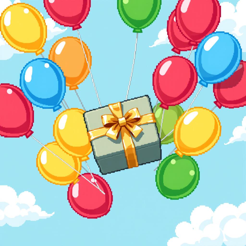 A delightful pixel art scene depicting colorful balloons holding a beautifully wrapped gift from a top-down view