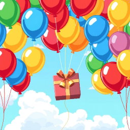 A delightful pixel art scene depicting colorful balloons holding a beautifully wrapped gift from a top-down view