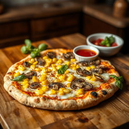 A beautifully baked corn and mushroom pizza, showcasing a crispy, golden-brown crust with slight char marks, indicating perfect wood-fired oven baking