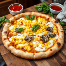 A beautifully baked corn and mushroom pizza, showcasing a crispy, golden-brown crust with slight char marks, indicating perfect wood-fired oven baking