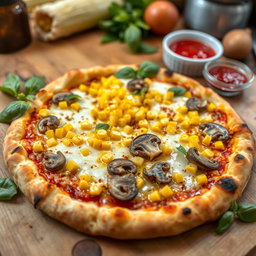 A beautifully baked corn and mushroom pizza, showcasing a crispy, golden-brown crust with slight char marks, indicating perfect wood-fired oven baking