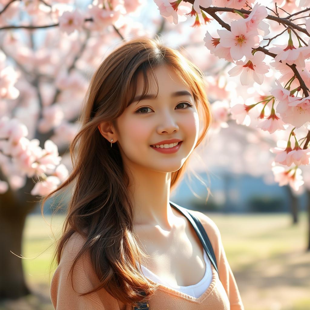 A beautiful Korean girl with light brown hair, smiling gently