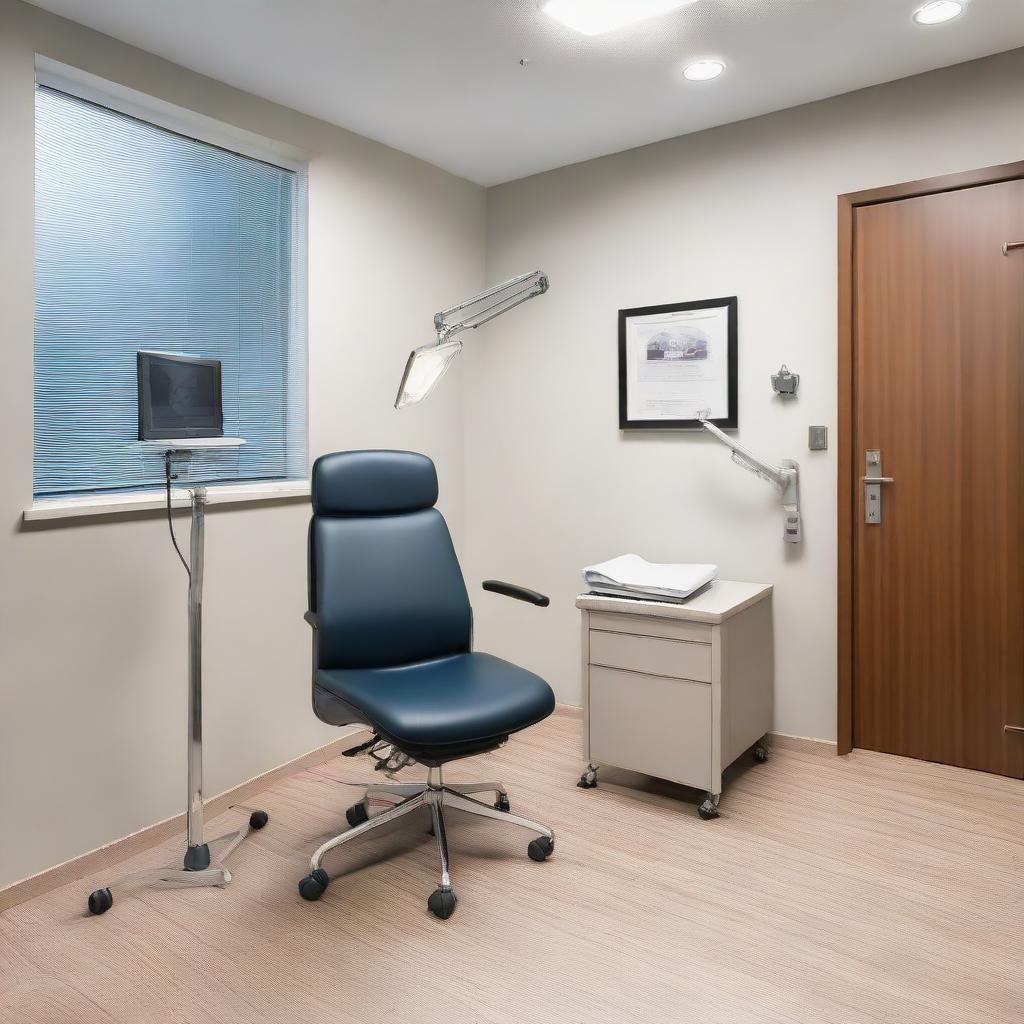 An immaculate, modern doctor's consulting room interior equipped with a sleek glass-top desk, a comfortable patient chair, a wall-mounted certification frame, medical equipment, and an inviting ambiance