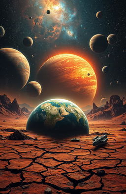 A dramatic scene depicting an apocalyptic landscape in space, showcasing various vibrant planets in the background