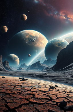 A dramatic scene depicting an apocalyptic landscape in space, showcasing various vibrant planets in the background