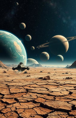 A dramatic scene depicting an apocalyptic landscape in space, showcasing various vibrant planets in the background
