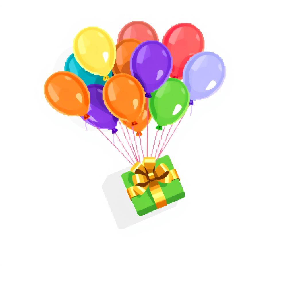 A top-down pixel art scene featuring colorful balloons holding a beautifully wrapped gift
