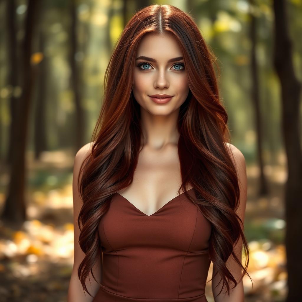 A stunningly beautiful woman with long, flowing dark red hair that catches the light and complements her fair complexion