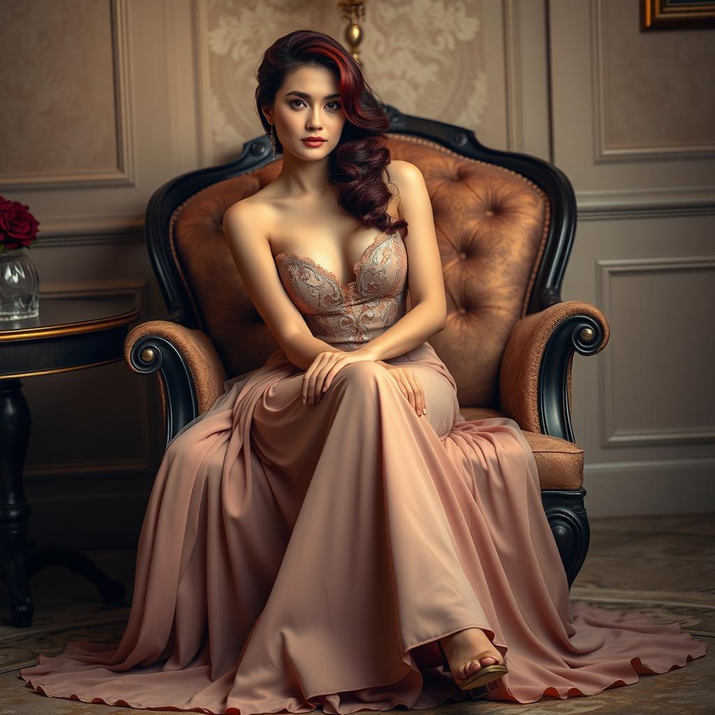A beautiful woman with dark red hair styled elegantly, wearing a flowing long dress that gracefully falls to the floor