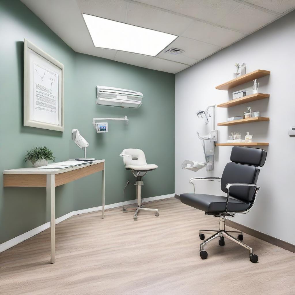 An immaculate, modern doctor's consulting room interior equipped with a sleek glass-top desk, a comfortable patient chair, a wall-mounted certification frame, medical equipment, and an inviting ambiance