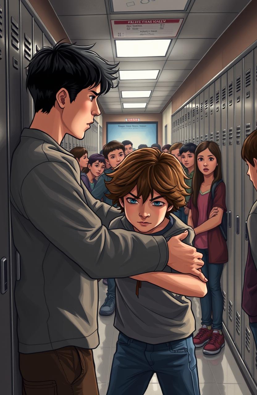 A tense school hallway scene depicting a confrontation between two teenage boys