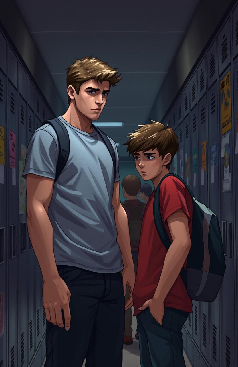 A tense scene depicting Ethan confronting Noah in a school hallway