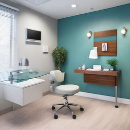 An immaculate, modern doctor's consulting room interior equipped with a sleek glass-top desk, a comfortable patient chair, a wall-mounted certification frame, medical equipment, and an inviting ambiance