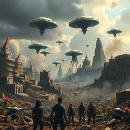An intense apocalyptic scene set on Earth, showcasing a devastated cityscape overrun by alien life forms