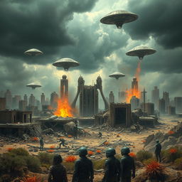 An intense apocalyptic scene set on Earth, showcasing a devastated cityscape overrun by alien life forms