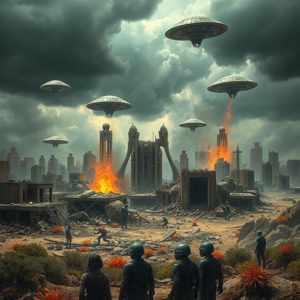 An intense apocalyptic scene set on Earth, showcasing a devastated cityscape overrun by alien life forms