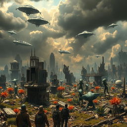 An intense apocalyptic scene set on Earth, showcasing a devastated cityscape overrun by alien life forms