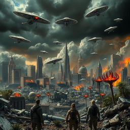 An intense apocalyptic scene set on Earth, showcasing a devastated cityscape overrun by alien life forms