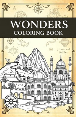 A visually appealing book cover for a 'Wonders of the World Coloring Book', featuring iconic landmarks including the Great Wall of China, the Colosseum, and the Taj Mahal