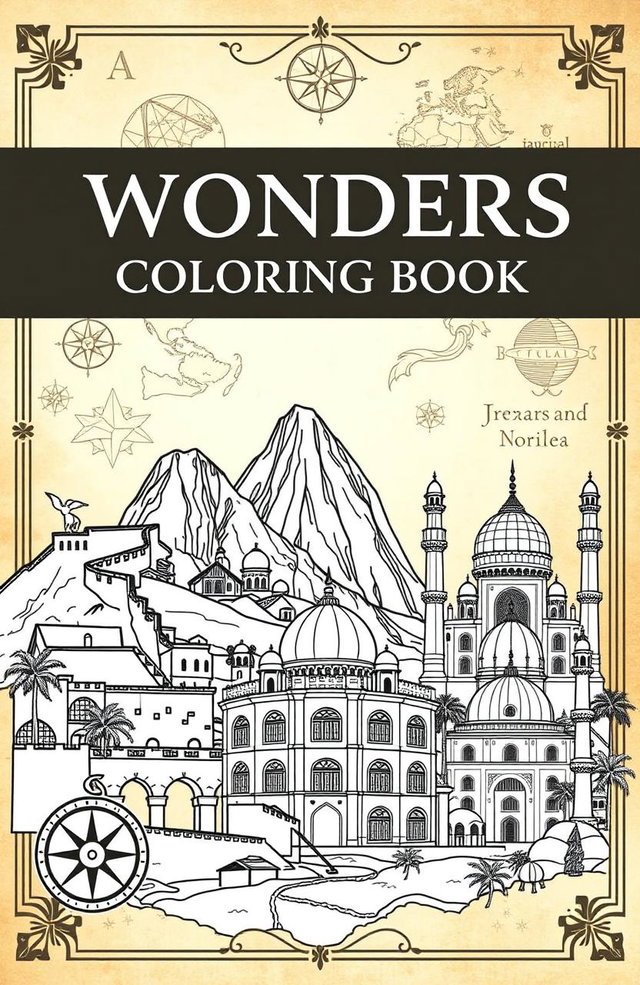 A visually appealing book cover for a 'Wonders of the World Coloring Book', featuring iconic landmarks including the Great Wall of China, the Colosseum, and the Taj Mahal