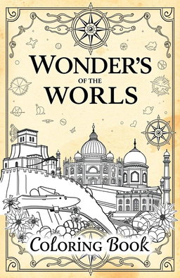 A visually appealing book cover for a 'Wonders of the World Coloring Book', featuring iconic landmarks including the Great Wall of China, the Colosseum, and the Taj Mahal