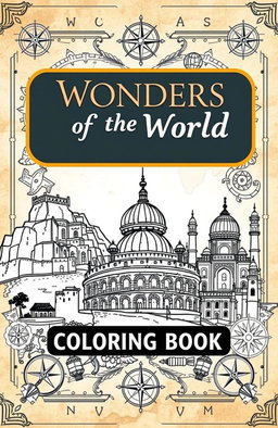 A visually appealing book cover for a 'Wonders of the World Coloring Book', featuring iconic landmarks including the Great Wall of China, the Colosseum, and the Taj Mahal