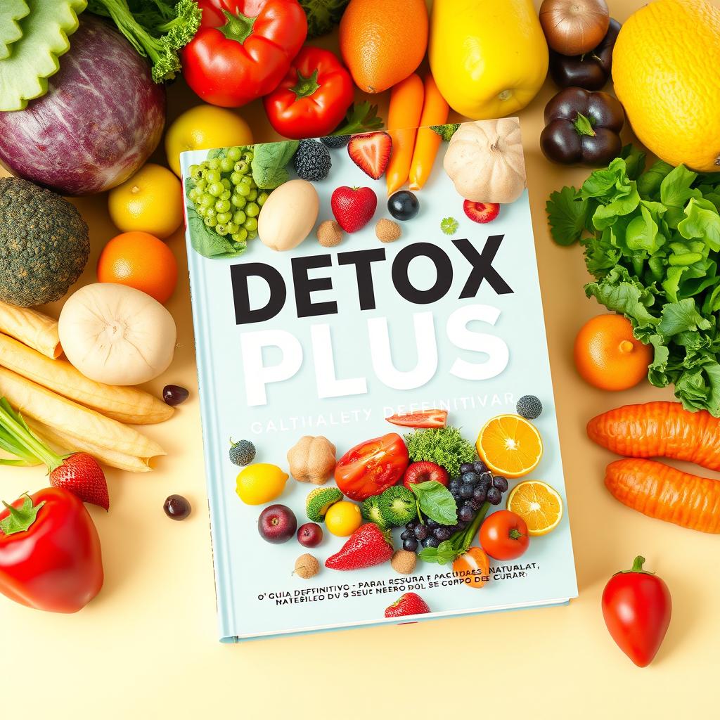 A visually striking book cover design featuring a colorful assortment of fresh fruits and vegetables, beautifully arranged to captivate the viewer