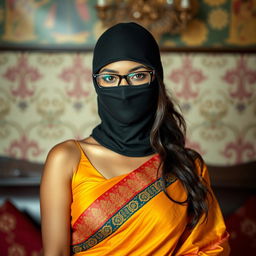 A hot Indian sexy girl elegantly dressed in a beautifully draped saree that accentuates her slim figure, featuring a slim face with Asian ethnic characteristics