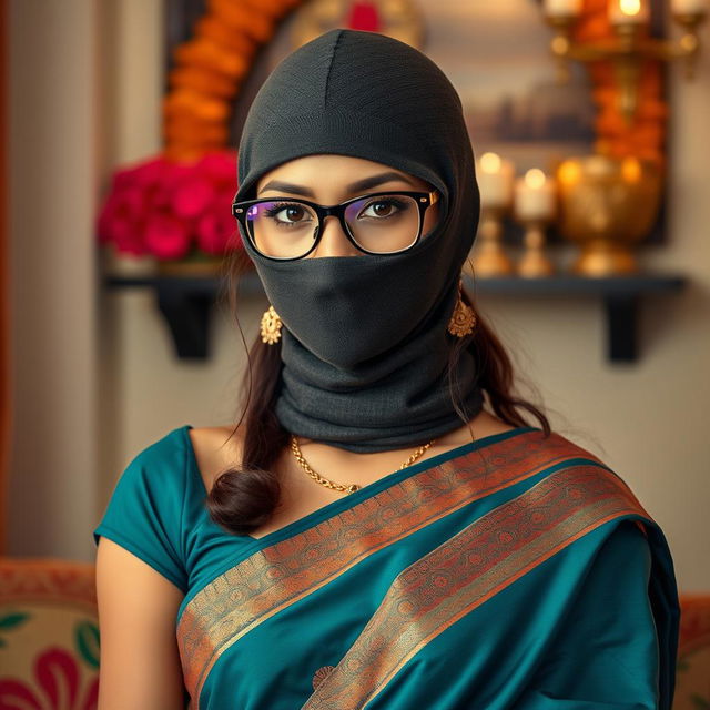 A hot Indian sexy girl elegantly dressed in a beautifully draped saree that accentuates her slim figure, featuring a slim face with Asian ethnic characteristics