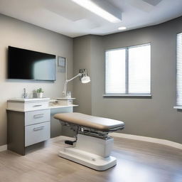 An immaculate, modern doctor's consulting room interior equipped with a sleek glass-top desk, a comfortable patient chair, a wall-mounted certification frame, medical equipment, and an inviting ambiance