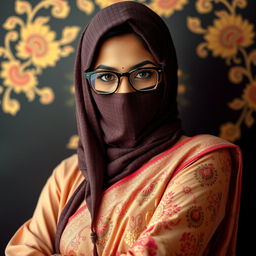 A hot Indian sexy girl gracefully dressed in an intricately patterned saree that highlights her slim figure, featuring a slim face with Asian eye characteristics partially covered by a very tight balaclava, adding an element of mystery and allure