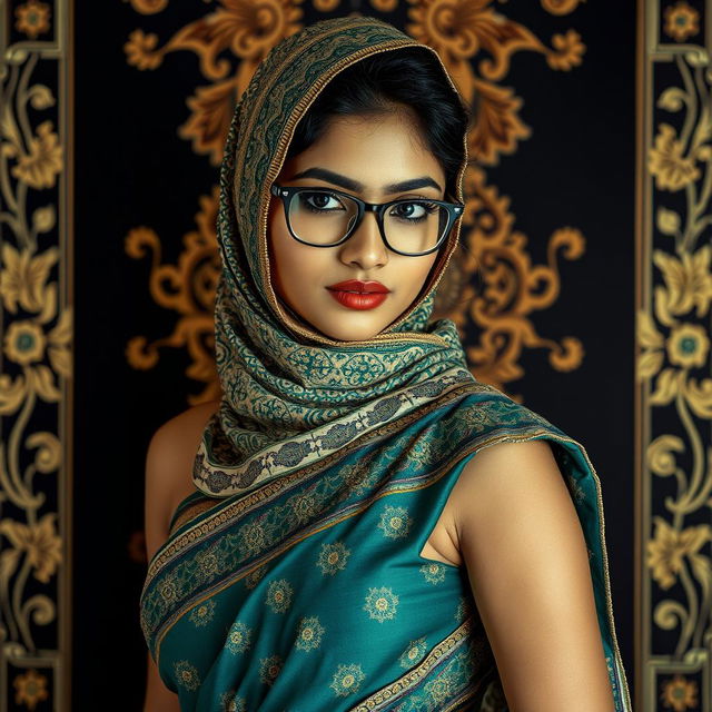 A hot Indian sexy girl gracefully dressed in an intricately patterned saree that highlights her slim figure, featuring a slim face with Asian eye characteristics partially covered by a very tight balaclava, adding an element of mystery and allure