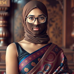 A hot Indian sexy girl exuding confidence, dressed in a stunningly detailed saree that beautifully hugs her slim figure