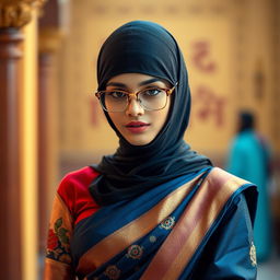 A hot Indian sexy girl with a slim face featuring Asian eye characteristics, elegantly draped in a stunning saree that accentuates her curves