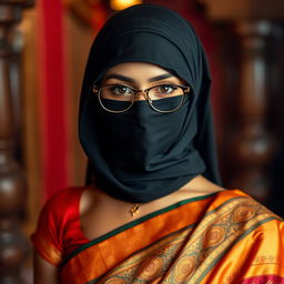 A hot Indian sexy girl with a slim face featuring Asian eye characteristics, elegantly draped in a stunning saree that accentuates her curves